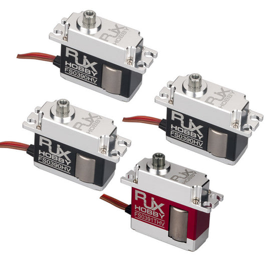 RJX FS0390HV mini servo with metal case, mounting tabs, spline output shaft, and 3-wire lead