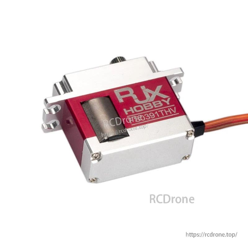 RJX FS0390HV Mini Servo, RJX Hobby mini servo in metal case with mounting tabs and three-wire lead, labeled FS0391THV