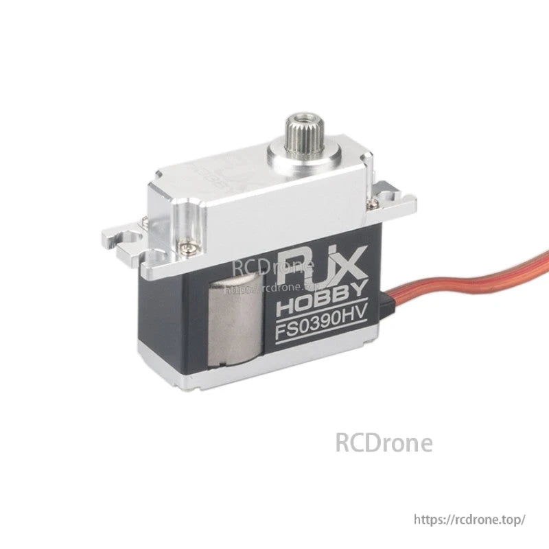 RJX FS0390HV mini servo with metal case, top output spline, and attached three-wire lead