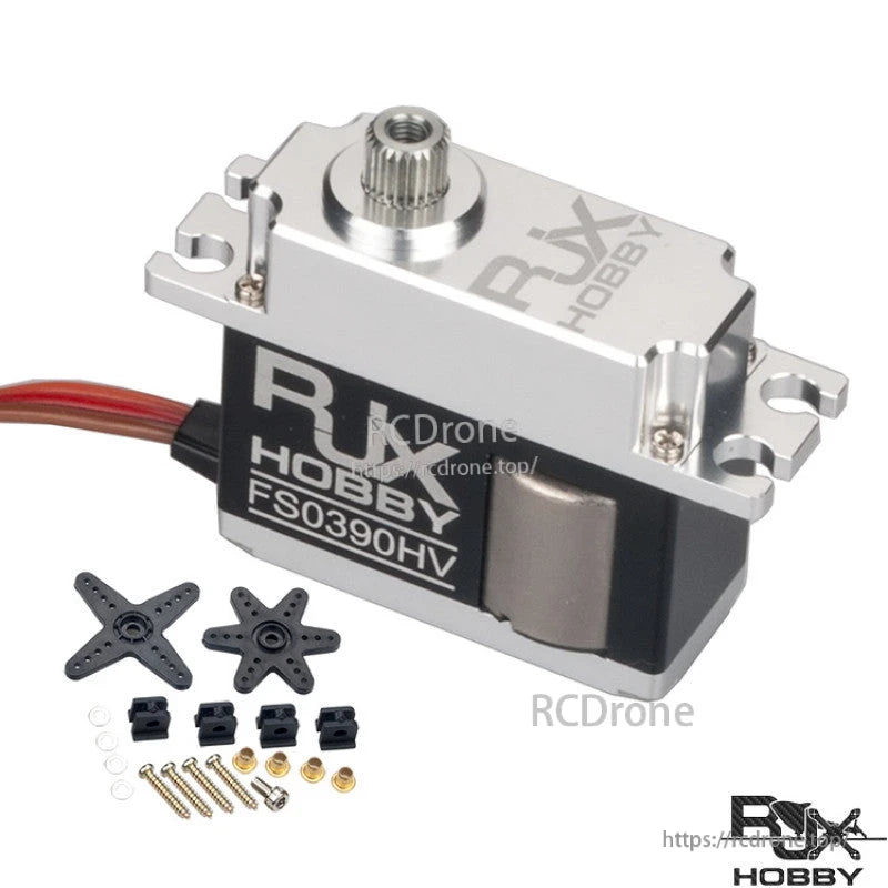 RJX FS0390HV mini servo with metal case and output spline, plus servo horns and mounting hardware