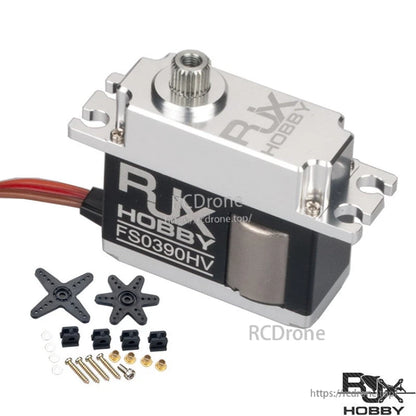 RJX FS0390HV mini servo with metal case and output spline, plus servo horns and mounting hardware