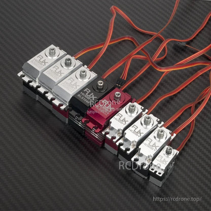 RJX FS0435HV micro servo lineup with compact metal cases, spline output shafts, and red/orange/black 3-wire leads