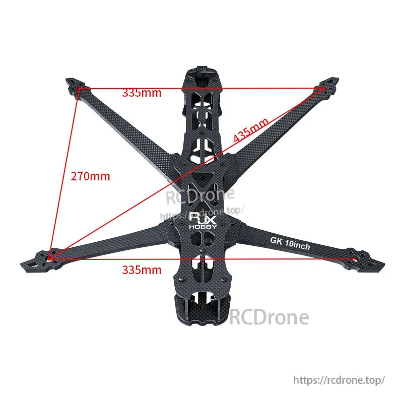 Top view of RJX GK 10inch carbon fiber FPV drone frame with 435mm wheelbase and 335mm x 270mm dimensions.