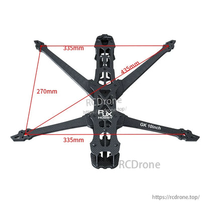 Top view of RJX GK 10inch carbon fiber FPV drone frame with 435mm wheelbase and 335mm x 270mm dimensions.