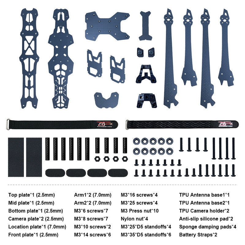 RJX GK 10 inch carbon fiber FPV drone frame kit parts layout with 7mm arms, plates, TPU mounts, screws and straps