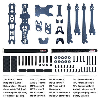 RJX GK 10 inch carbon fiber FPV drone frame kit parts layout with 7mm arms, plates, TPU mounts, screws and straps