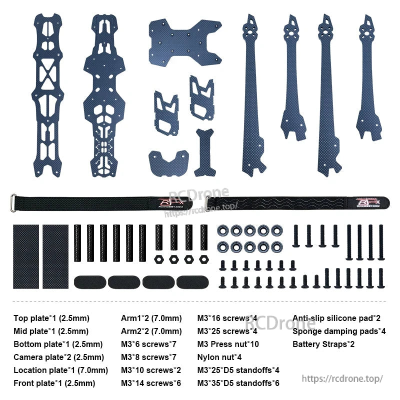 RJX GK 10-inch carbon fiber FPV racing drone frame kit with plates, arms, standoffs, screws, and straps