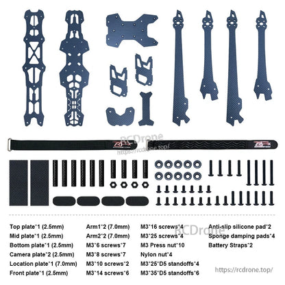 RJX GK 10-inch carbon fiber FPV racing drone frame kit with plates, arms, standoffs, screws, and straps