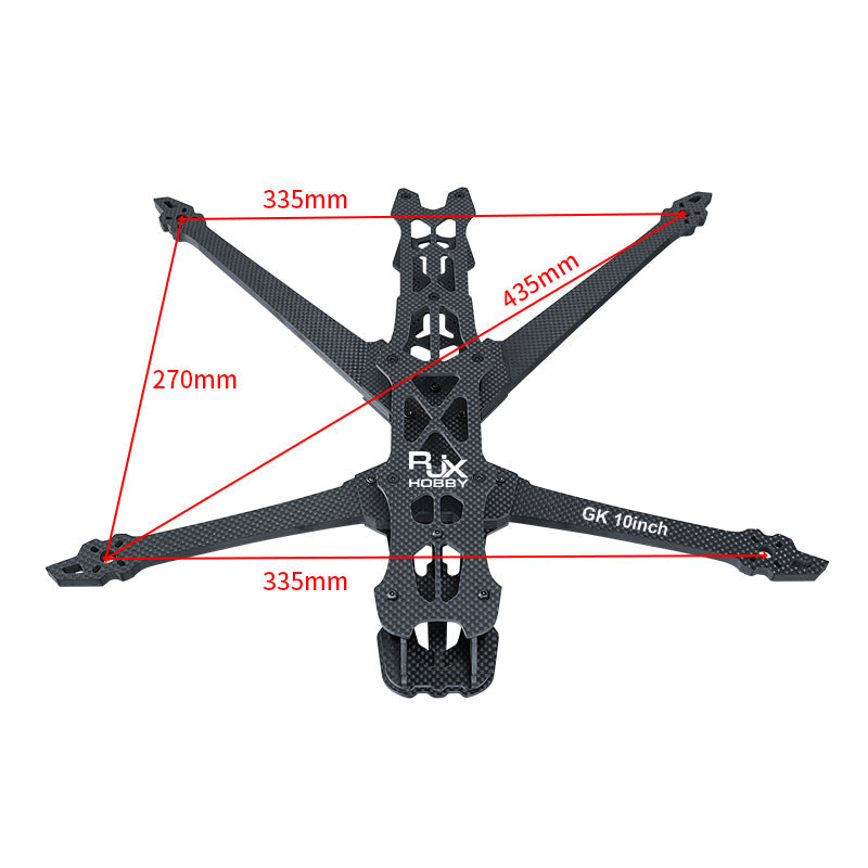 RJX GK 10inch carbon fiber FPV drone frame kit with X layout and marked dimensions 335mm, 270mm, 435mm