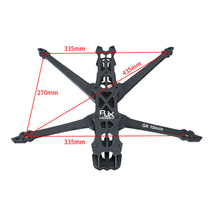 RJX GK 10inch carbon fiber FPV drone frame kit with X layout and marked dimensions 335mm, 270mm, 435mm