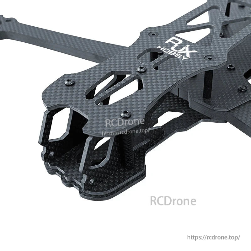 RJX GK carbon fiber FPV racing drone frame kit with RJX Hobby top plate, standoffs, and arm cutouts
