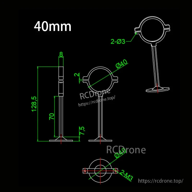 RJX GPS Bracket Holder Mount, Technical drawing of RJX 40mm GPS bracket holder mount with Ø40 clamp, 128.5mm height, and M3 holes