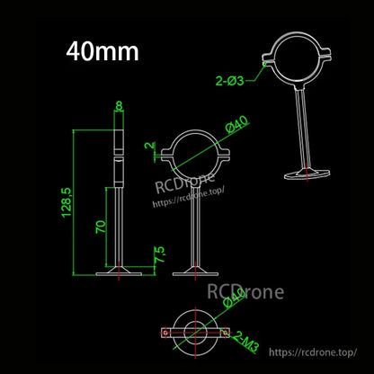 RJX GPS Bracket Holder Mount, Technical drawing of RJX 40mm GPS bracket holder mount with Ø40 clamp, 128.5mm height, and M3 holes