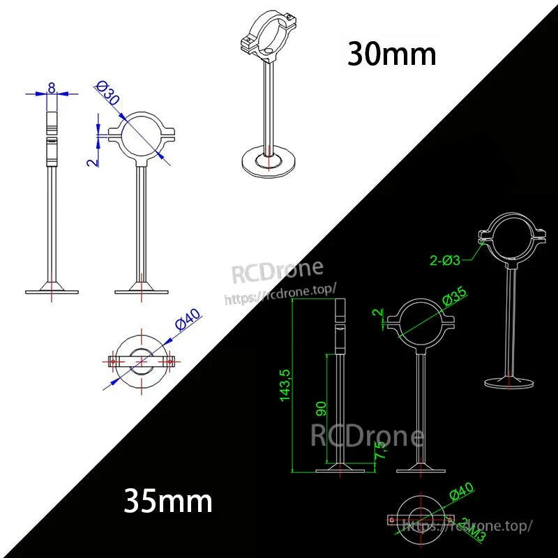 RJX GPS bracket holder mount drawing with 30mm and 35mm clamp options, Ø40 base and 2x Ø3 screw holes