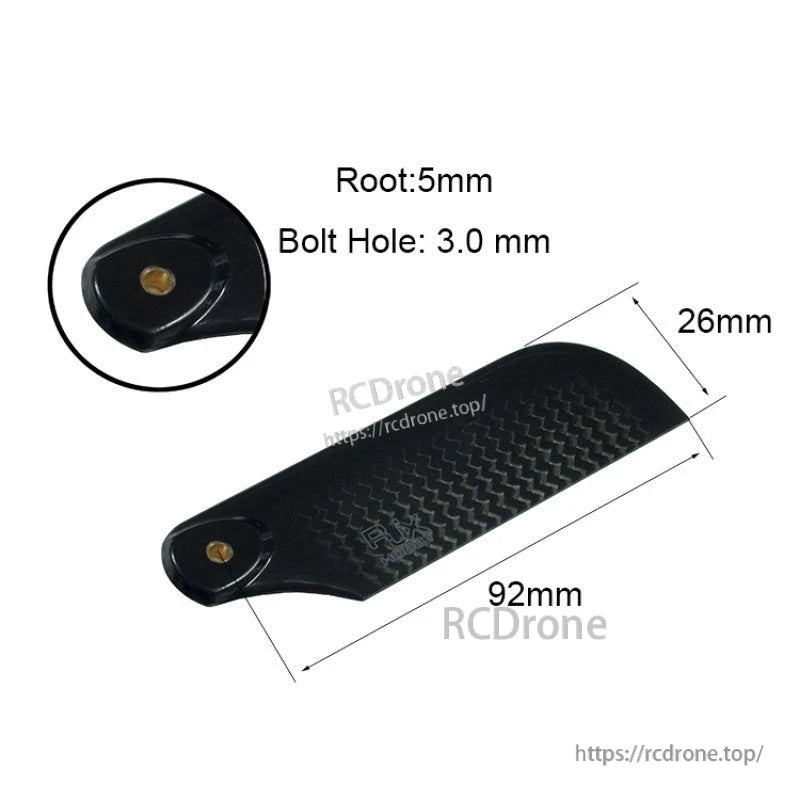 RJX HOBBY RJXHOBBY 92mm 3K CF Tail Blades, RJXHOBBY 92mm 3K carbon fiber tail blade with 3.0mm bolt hole, 5mm root, and 26mm width