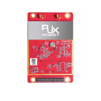RJX Hobby GNSS receiver board on red PCB with dual antenna connectors, four mounting holes, and pin header