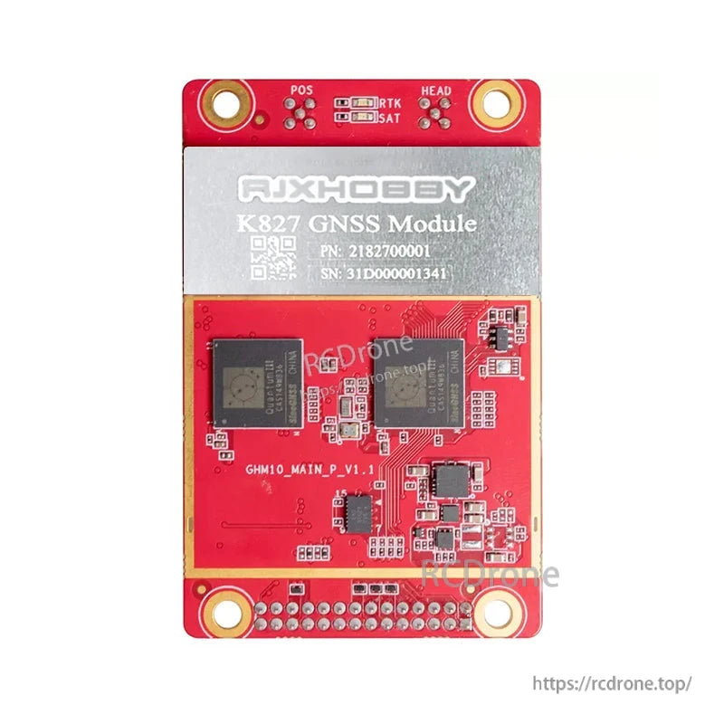 RJXHOBBY K827 GNSS module receiver board with metal shield, POS/RTK/SAT/HEAD LEDs, and pin header pads