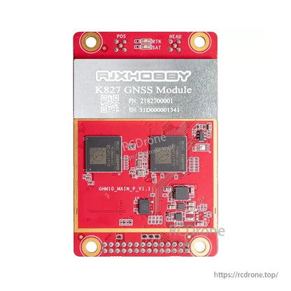 RJXHOBBY K827 GNSS module receiver board with metal shield, POS/RTK/SAT/HEAD LEDs, and pin header pads