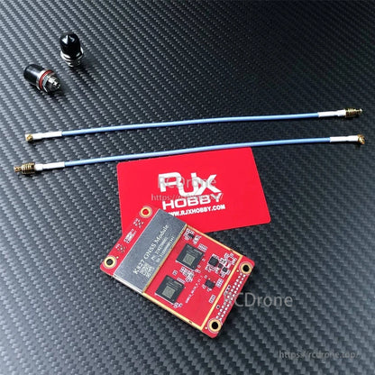 RJX K827 GNSS receiver module board with coax antenna extension cables and SMA connectors