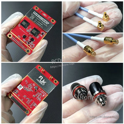 RJXHOBBY K827 GNSS receiver module board with mounting holes, plus coax pigtails and two small antennas