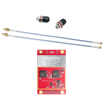 RJXHOBBY K827 GNSS module board with mounting holes, pin header pads, and coax pigtails with SMA connectors