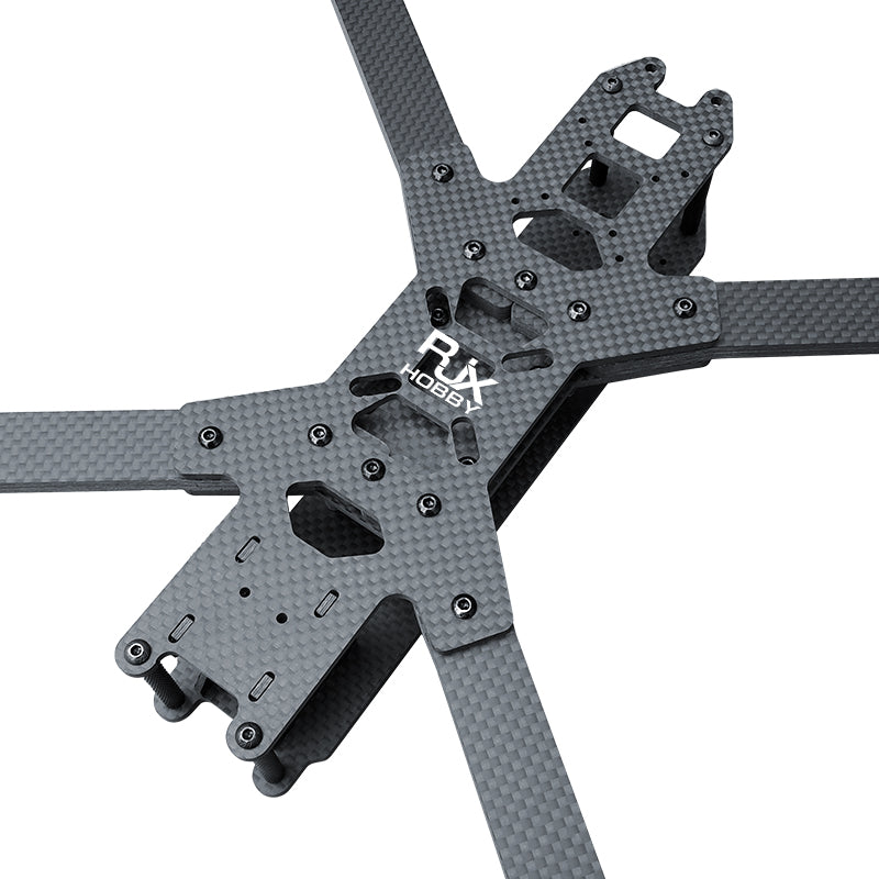 RJX 10-inch carbon fiber FPV racing drone frame kit with X-style arms, mounting plates, and hardware