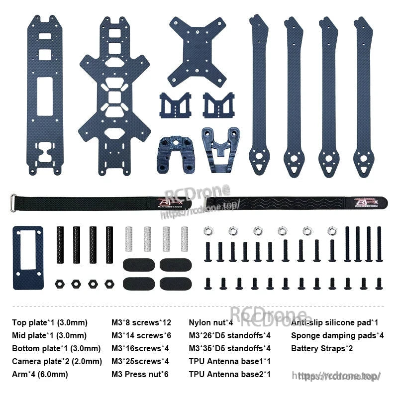 RJX LK 10-inch carbon fiber FPV drone frame kit parts layout with 6mm arms, plates, hardware and straps