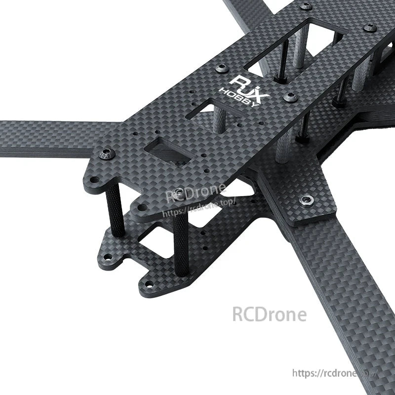 RJX LK carbon fiber FPV racing drone frame kit top plate with standoffs, cutouts, and 10-inch arm layout