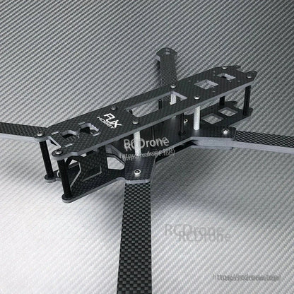 RJX carbon fiber 10-inch FPV racing drone frame kit with X arms, stacked top/bottom plates, and standoffs