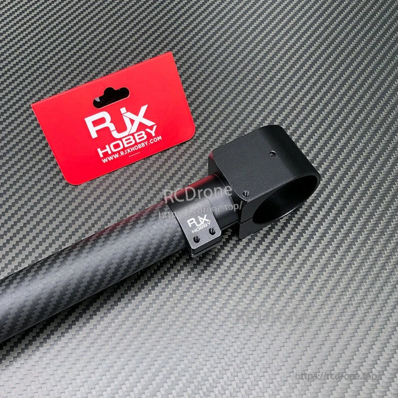 RJX Hobby aluminum tee tripod joint connector clamp mounted on a carbon fiber tube, black finish with screws