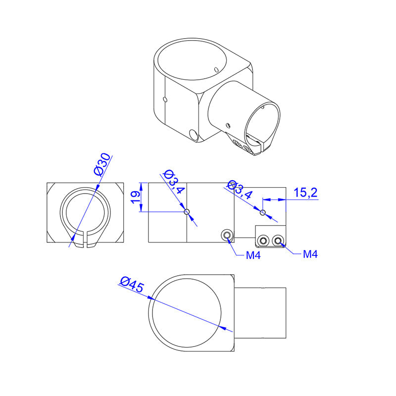 Technical drawing of RJX aluminum tee tripod joint connector with Ø30 and Ø45 tube clamps and M4 screw holes.
