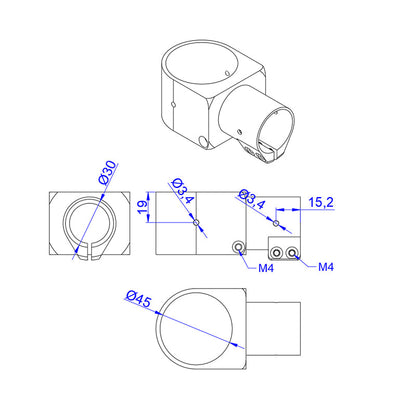 Technical drawing of RJX aluminum tee tripod joint connector with Ø30 and Ø45 tube clamps and M4 screw holes.