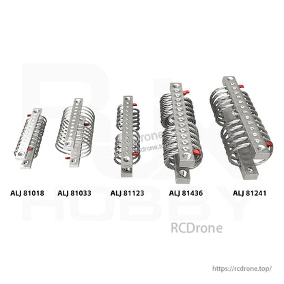 Stainless steel wire rope vibration isolators with metal mounting bars, shown in multiple sizes (ALJ series).