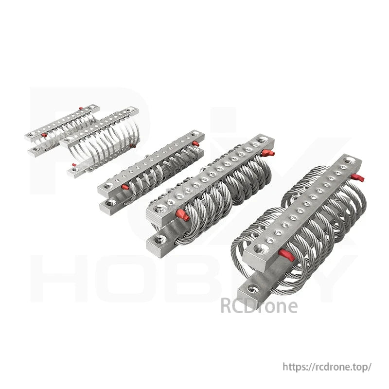 Four stainless steel wire rope isolators with mounting plates and red stops for UAV gimbal anti-vibration damping