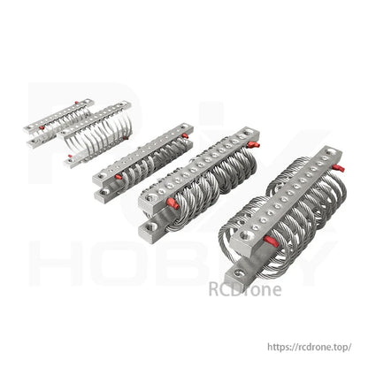 Four stainless steel wire rope isolators with mounting plates and red stops for UAV gimbal anti-vibration damping