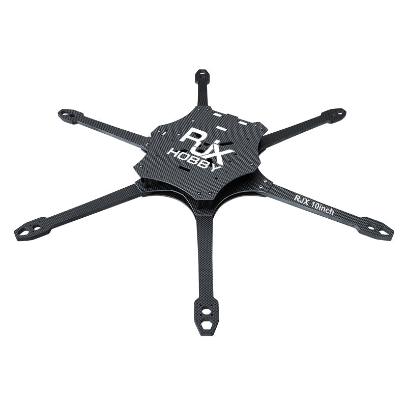 RJX Mark4 10-inch 6-arm carbon fiber FPV drone frame with stacked center plates and motor mount arms