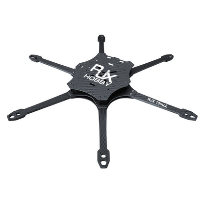 RJX Mark4 10-inch 6-arm carbon fiber FPV drone frame with stacked center plates and motor mount arms
