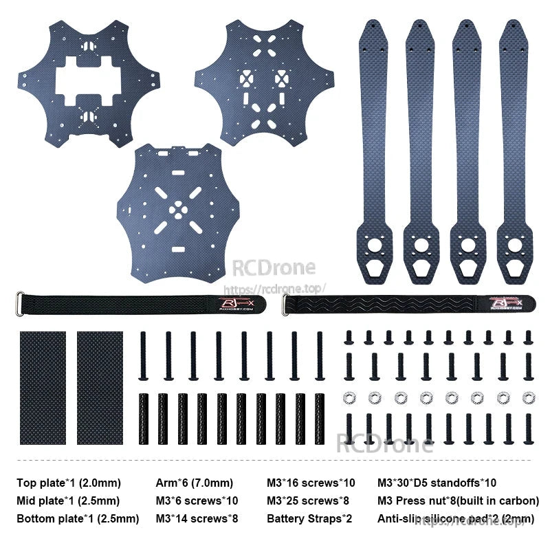 Carbon fiber FPV drone frame kit with top/mid/bottom plates, long arms, screws, standoffs and battery straps