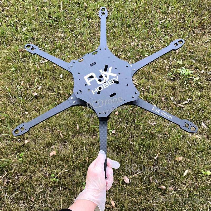 RJX 10-inch 6-arm carbon fiber FPV drone frame kit with large center plate and motor-mount holes
