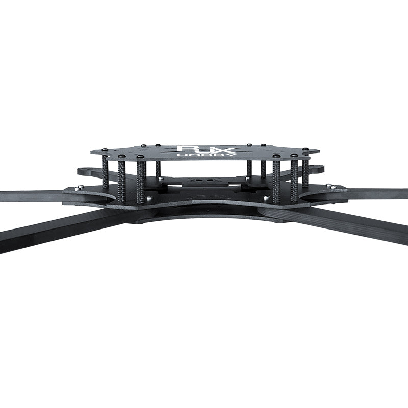 RJX carbon fiber FPV racing drone frame kit with stacked top plate, standoffs, and wide multi-arm base