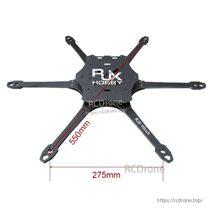 RJX carbon fiber 6-arm FPV drone frame plate with RJX HOBBY logo and 550mm x 275mm dimensions