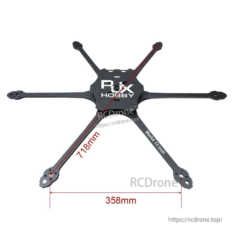 RJX Mark4 13-inch 6-arm carbon fiber FPV drone frame plate with 718mm diagonal and 358mm width markings