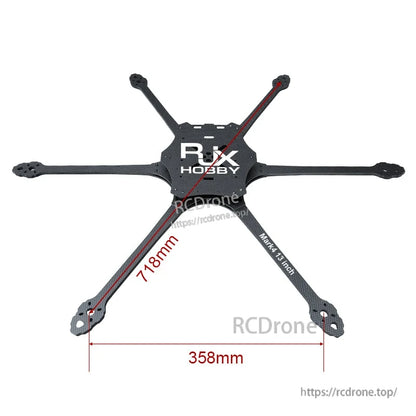 RJX Mark4 13-inch 6-arm carbon fiber FPV drone frame plate with 718mm diagonal and 358mm width markings