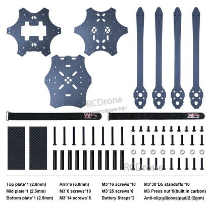 RJX Mark4 carbon fiber 6-arm FPV drone frame kit with top/bottom plates, six arms, hardware and battery straps