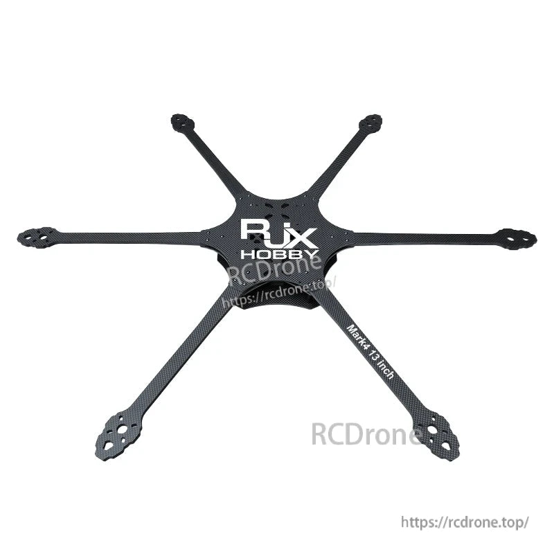 RJX Mark4 13-inch carbon fiber 6-arm FPV drone frame bottom plate with wide hex layout and motor mount ends