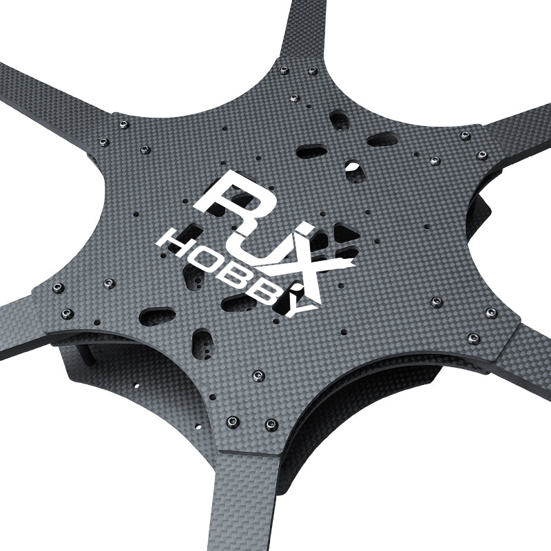 RJX Mark4 carbon fiber 6-arm FPV drone frame plate with pre-drilled mounting holes and RJX Hobby logo