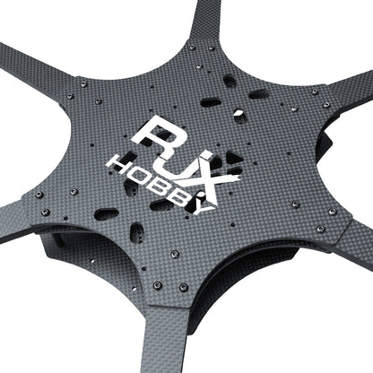 RJX Mark4 carbon fiber 6-arm FPV drone frame plate with pre-drilled mounting holes and RJX Hobby logo