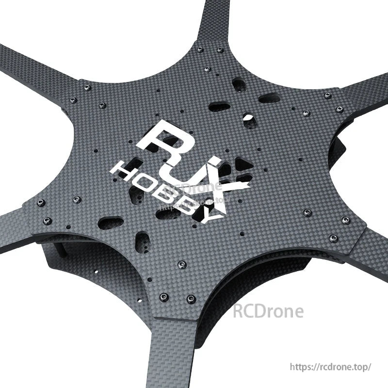 Carbon fiber 6-arm FPV drone frame plate with mounting holes and RUH HOBBY logo