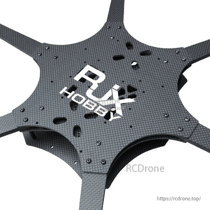 Carbon fiber 6-arm FPV drone frame plate with mounting holes and RUH HOBBY logo