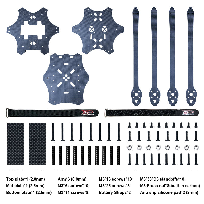 RJX Mark4 15-inch 6-arm carbon fiber FPV drone frame kit with plates, six arms, screws, standoffs and straps